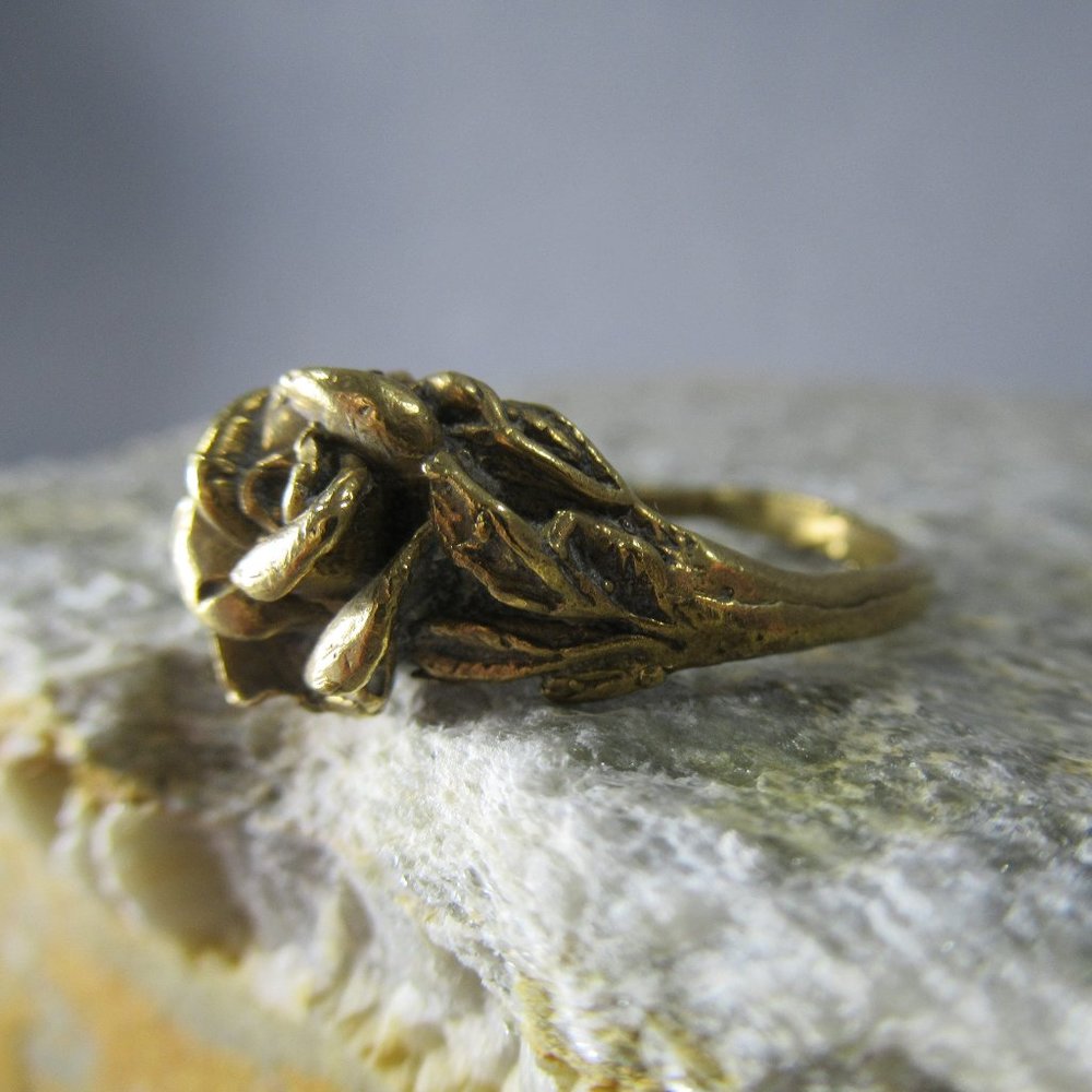 Golden Bronze Rose Blossom Ring, Artisan Cast Design